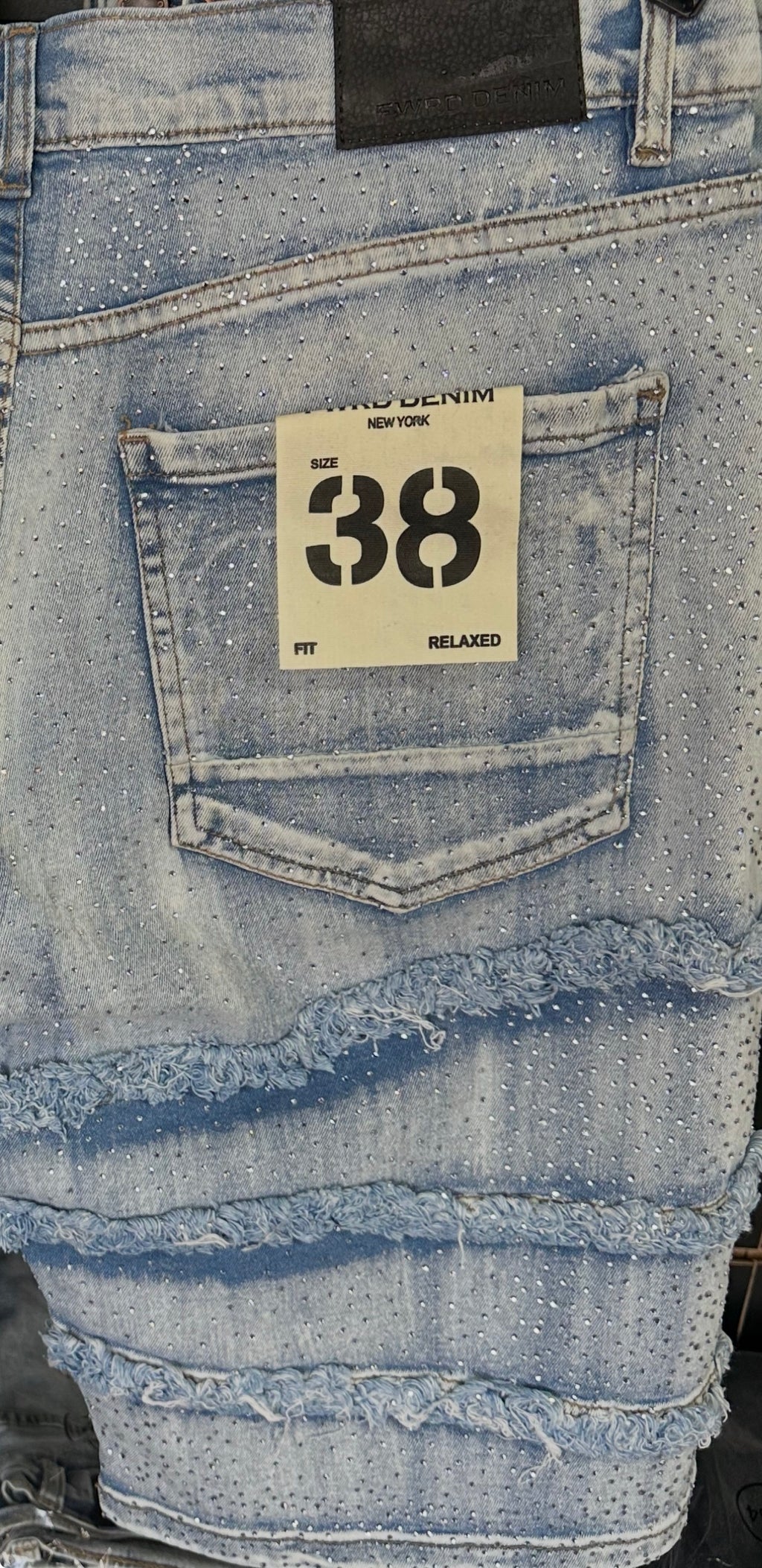 FWRD DENIM FRAY CRYSTAL DENIM SHORTS - ICE BLUE