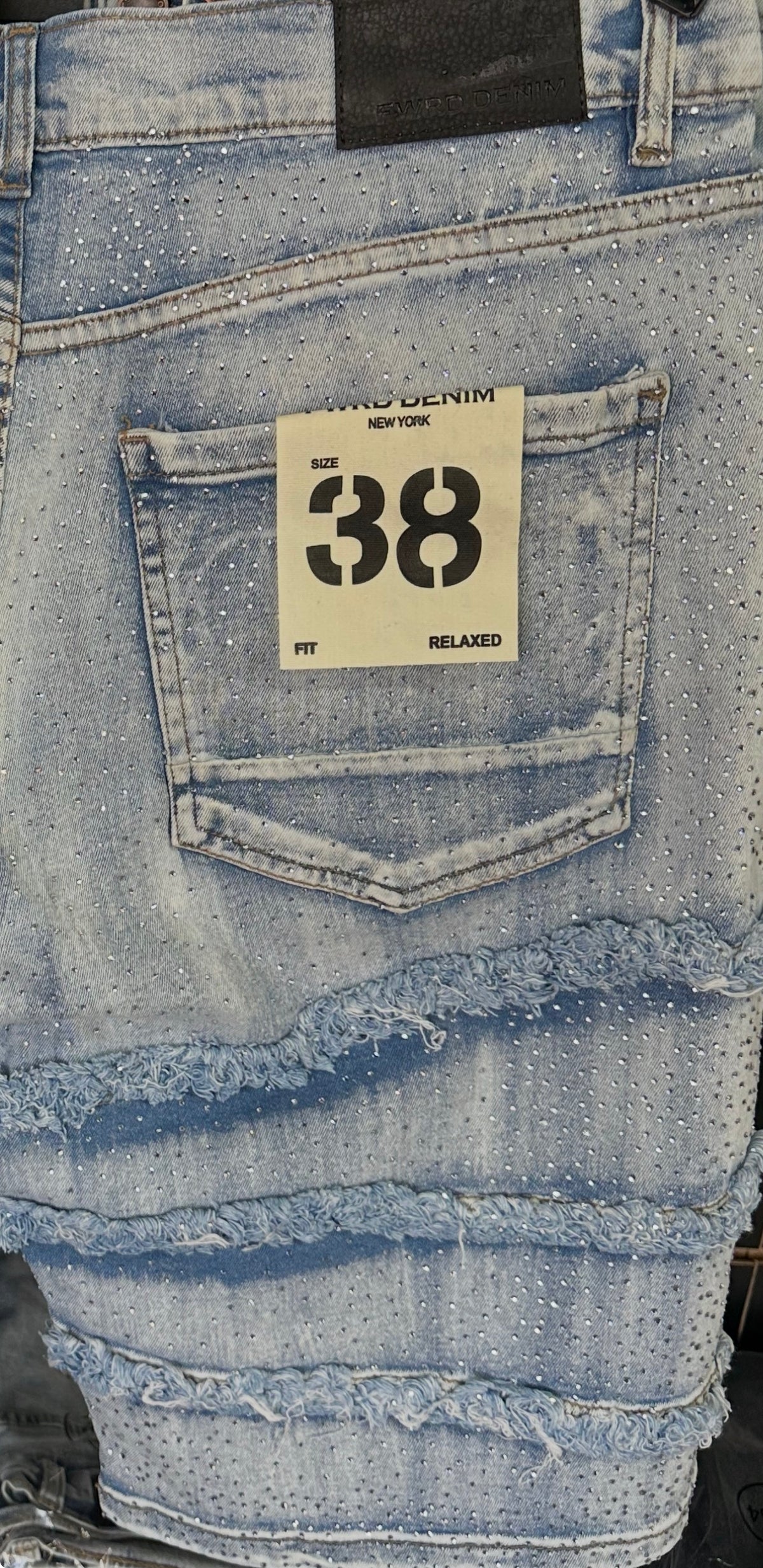 FWRD DENIM FRAY CRYSTAL DENIM SHORTS - ICE BLUE