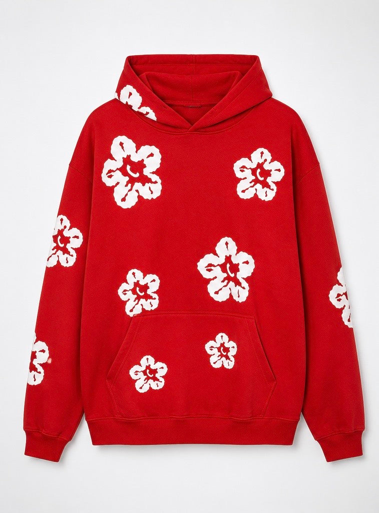 FLOWER FLEECE PULLOVER HOODIE - RED