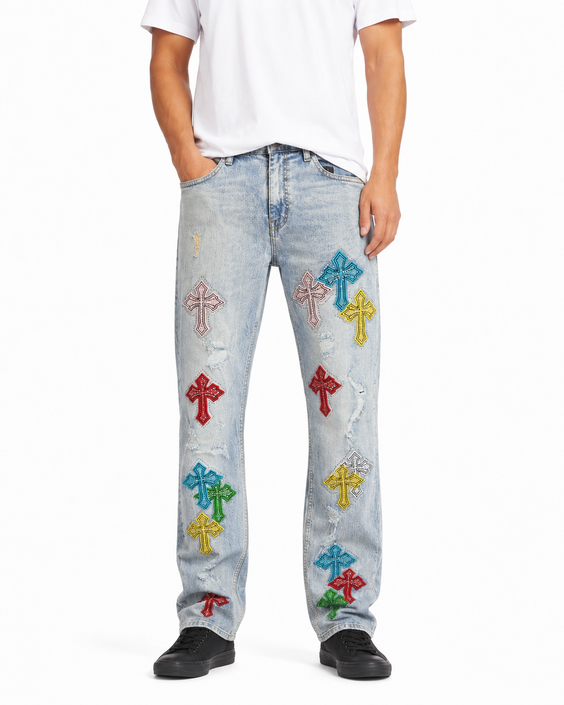 MEN'S SLIM CRYSTAL TEMPLAR DENIM PANT - I.BLU/MUL