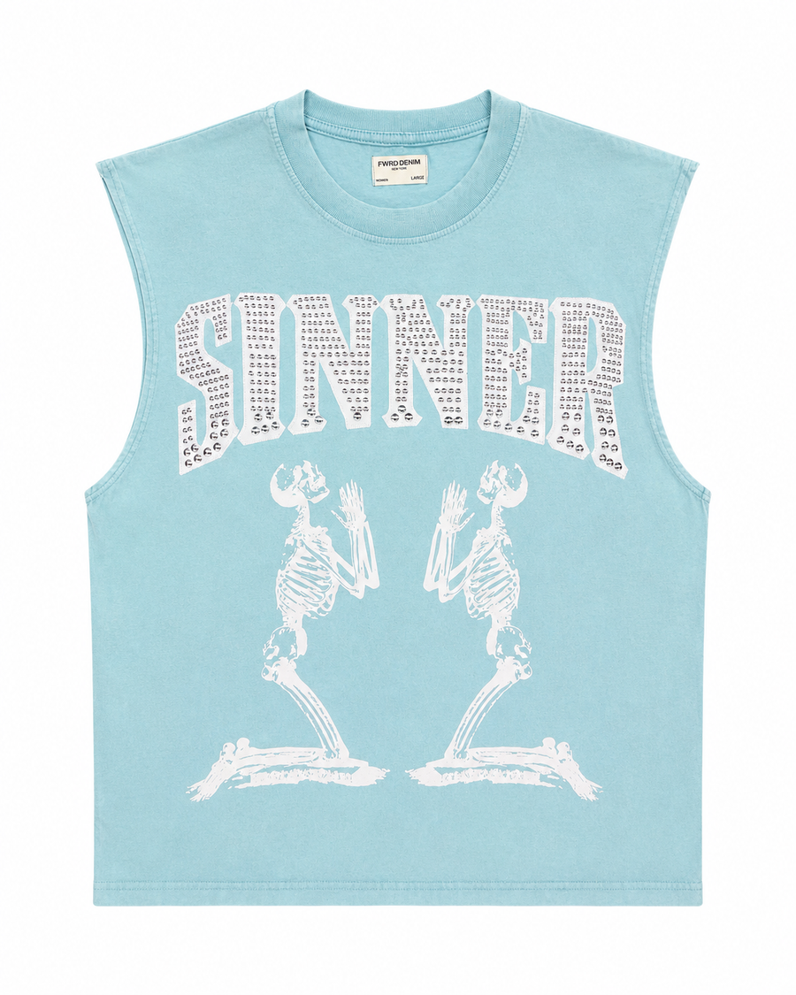 FWRD Denim Sinner Rhinestone Skeleton Muscle Tee – Aqua
