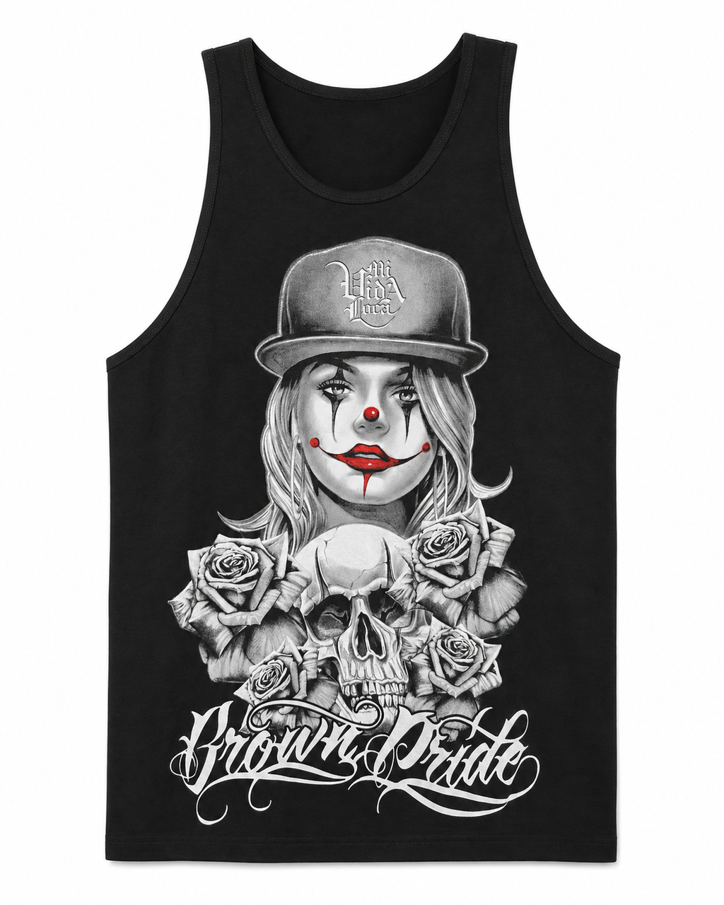 Brown Pride Roses & Skull Graphic Tank – Black