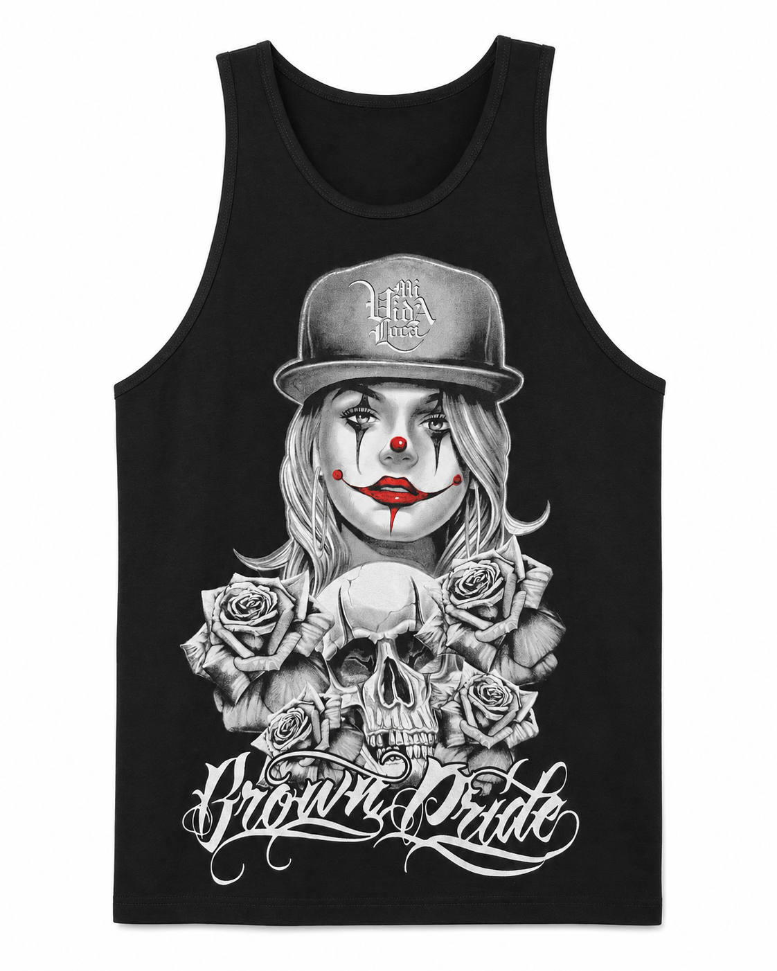 Brown Pride Roses & Skull Graphic Tank – Black
