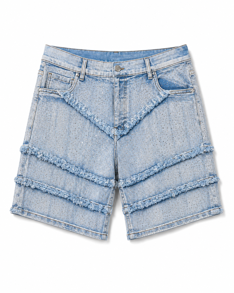 FWRD DENIM FRAY CRYSTAL DENIM SHORTS - ICE BLUE