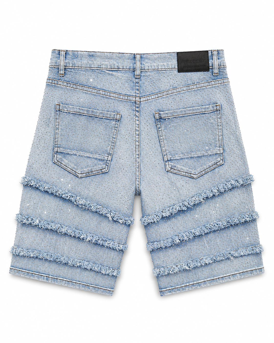 FWRD DENIM FRAY CRYSTAL DENIM SHORTS - ICE BLUE