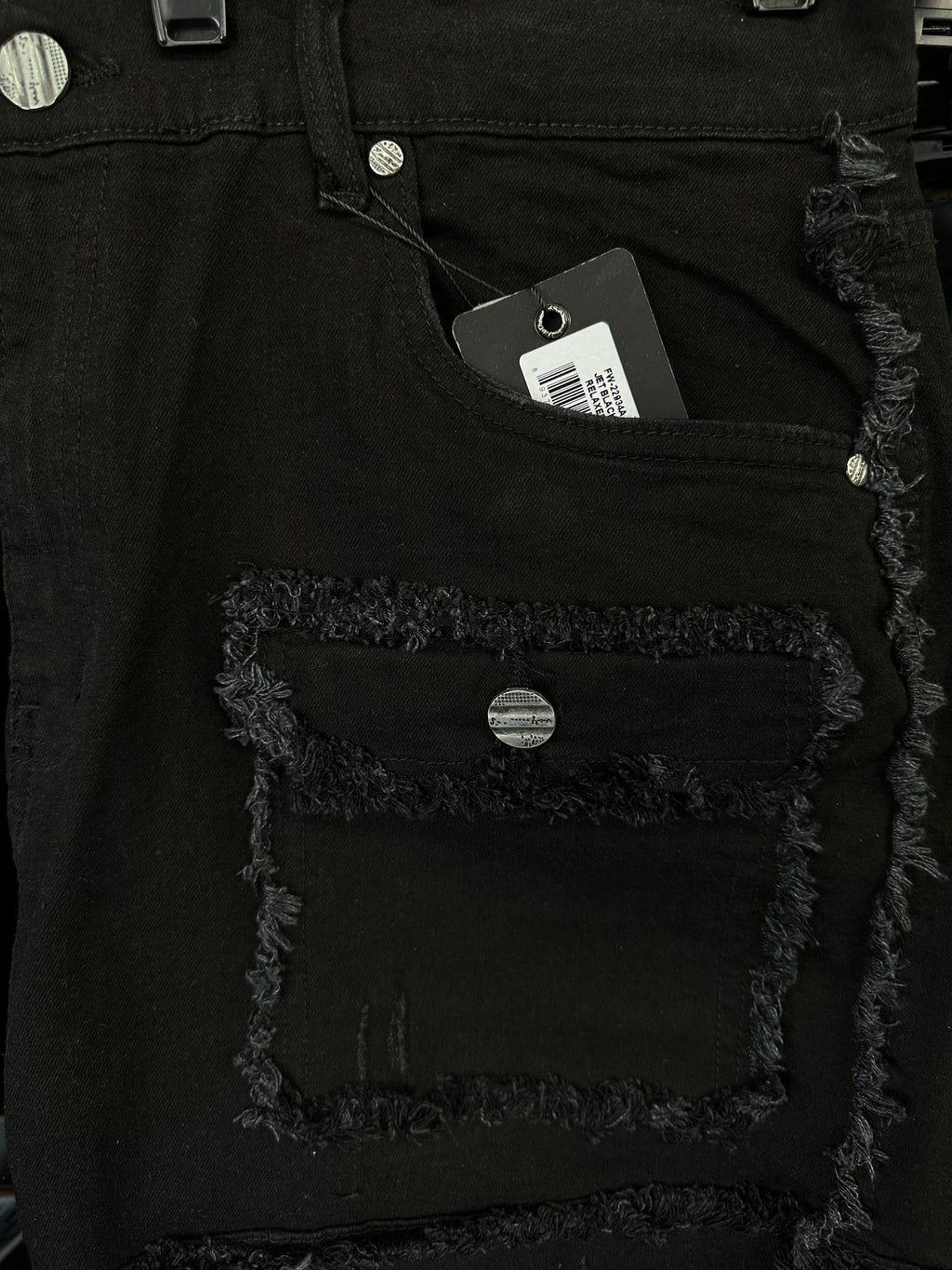 MEN'S PATCHWORK DENIM SHORTS - JET BLACK