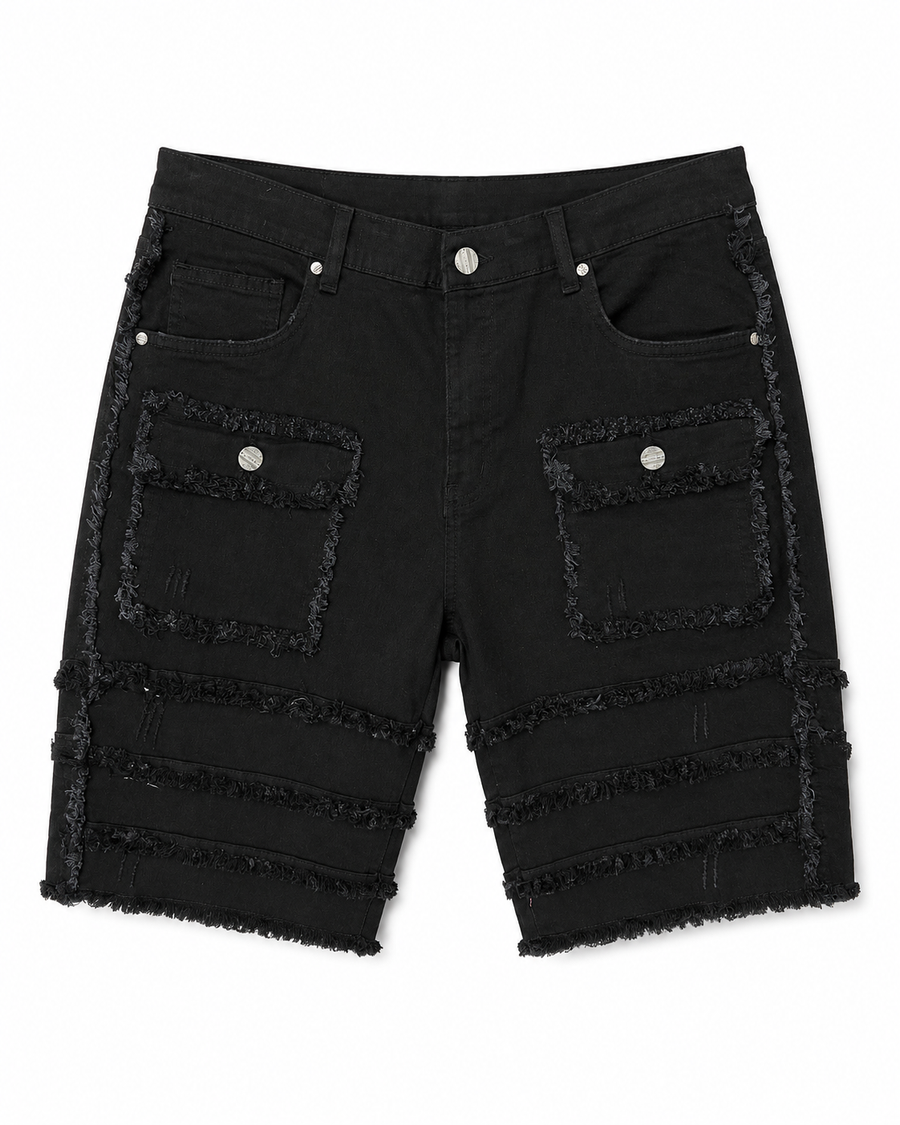 MEN'S PATCHWORK DENIM SHORTS - JET BLACK