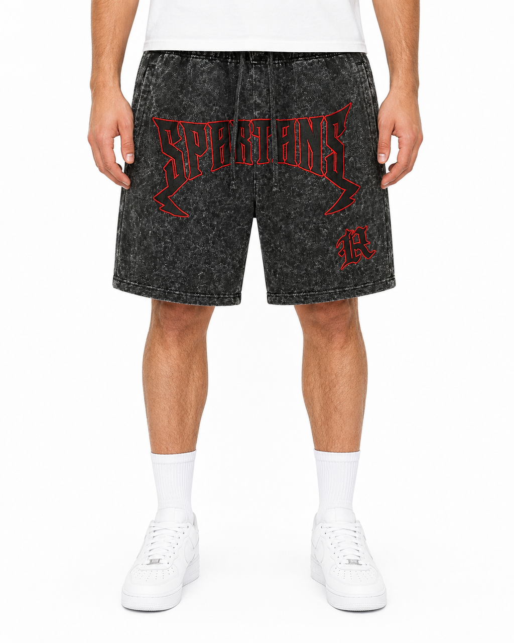 Rebel Minds Spartans Acid-Wash Shorts – Black/Red